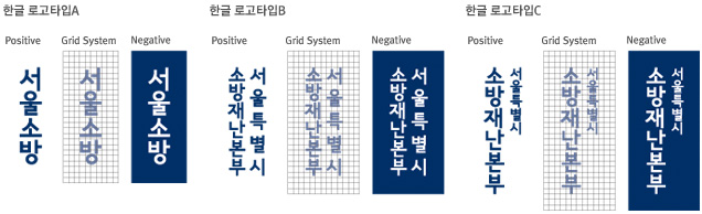 세로 표현된 한글로고이며 A타입, B타입, C타입이 있고 Positive, Grid System, Negative 등으로 제공됨