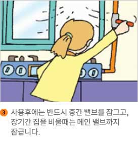 3.사용후에는 반드시 중간밸브를 잠그고, 장기간 집을 비울때는 메인 밸브까지 잠급니다.